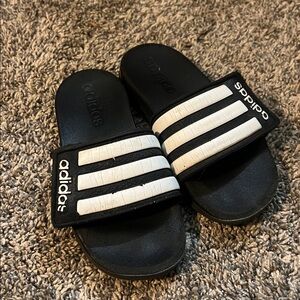 Adidas Black Slides with White Stripes
